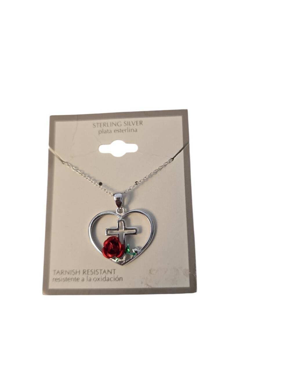 Vintage Sterling Silver 925 Heart Pendant with Rose and Cross 18"
